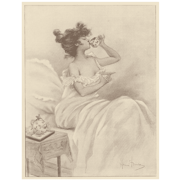 Henri Boutet Art Nouveau Lithograph Print of Woman drinking tea by