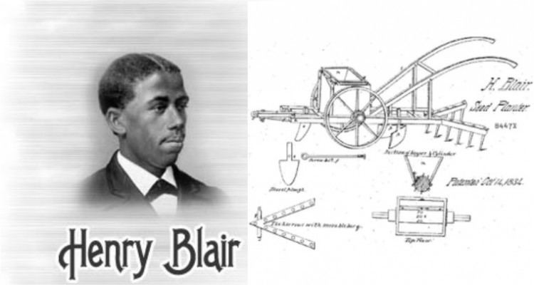 On the left, Henry Blair with a serious face, wearing a black coat over white long sleeves and a black bowtie. On the right, is the drawing of the Seed-Planter by Blair used on the patent application in 1836.