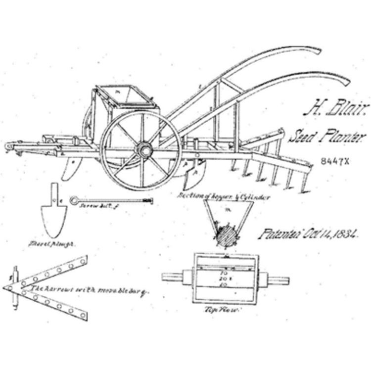 The drawing of the Seed-Planter by Blair used on the patent application in 1836.