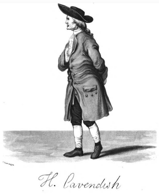 Portrait of Henry Cavendish with his signature on the bottom while he is looking afar with braided hair and wearing a hat, pants, high socks, shoes, and a long sleeve under a coat