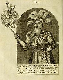Portrait of Henry, Count of Wurttemberg with mustache and beard while wearing a headdress and full body armor