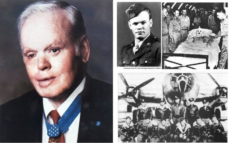 Collage showing Henry E Erwin wearing the Medal of Honor, the crew of the B-29 bomber, and the flight crew of the B-29 bomber and Henry “Red” Erwin at his Medal of Honor presentation