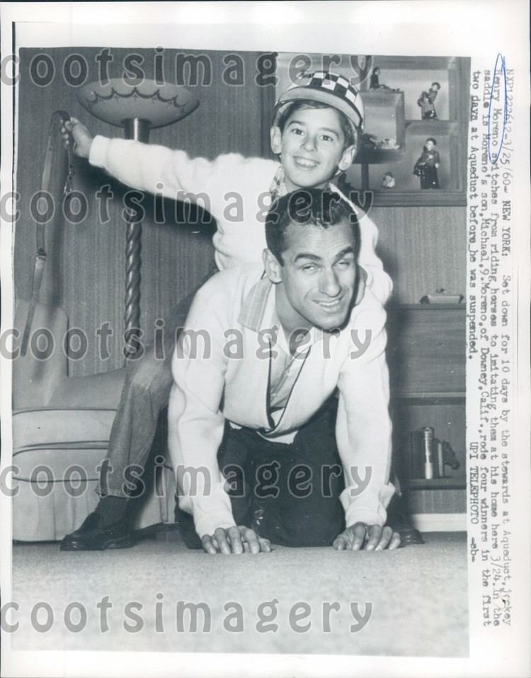 Henry Moreno 1960 Cute Jockey Henry Moreno Plays Role of Horse For Son Michael