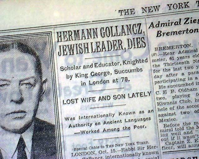 Hermann Gollancz Hermann Gollancz death British Rabbi RareNewspaperscom