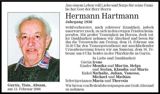 Hermann Hartmann Hermann Hartmann Todesanzeige VN Todesanzeigen