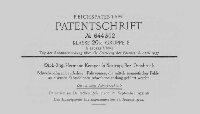 Hermann Kemper 1937 Hermann Kemper patented a magnetic levitation train system