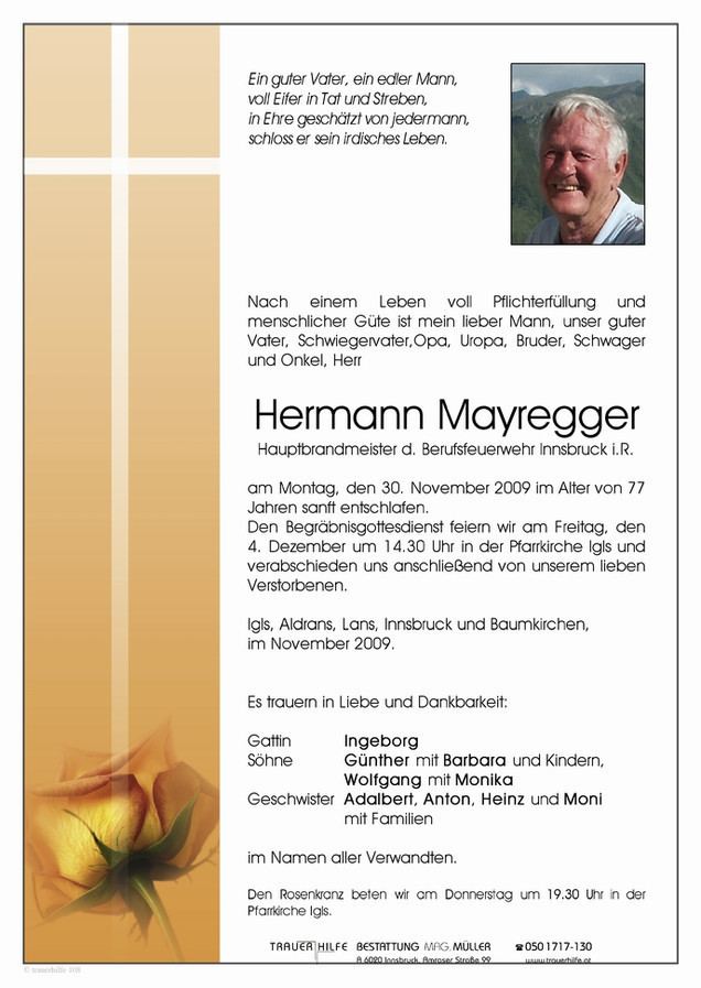 Hermann Mayregger Verstorbener Herr Hermann Mayregger Trauerhilfe Bestattungs GesmbH