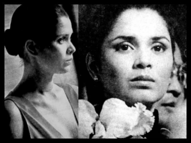 On left, Hilda Koronel looking at something with her hair arranged and wearing a sleeveless dress. On right, Hilda Koronel looking at something with a flower near her.
