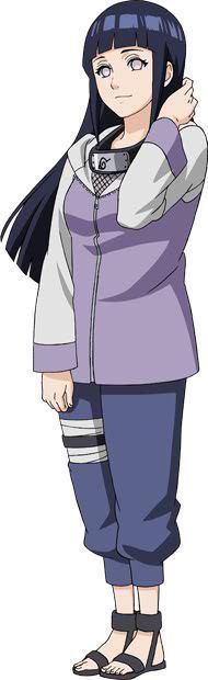 Hinata Hyuga looking afar with black straight hair, gray eyes, and bandage on her legs while wearing a necklace, black sandals, a gray and violet jacket, and blue pants