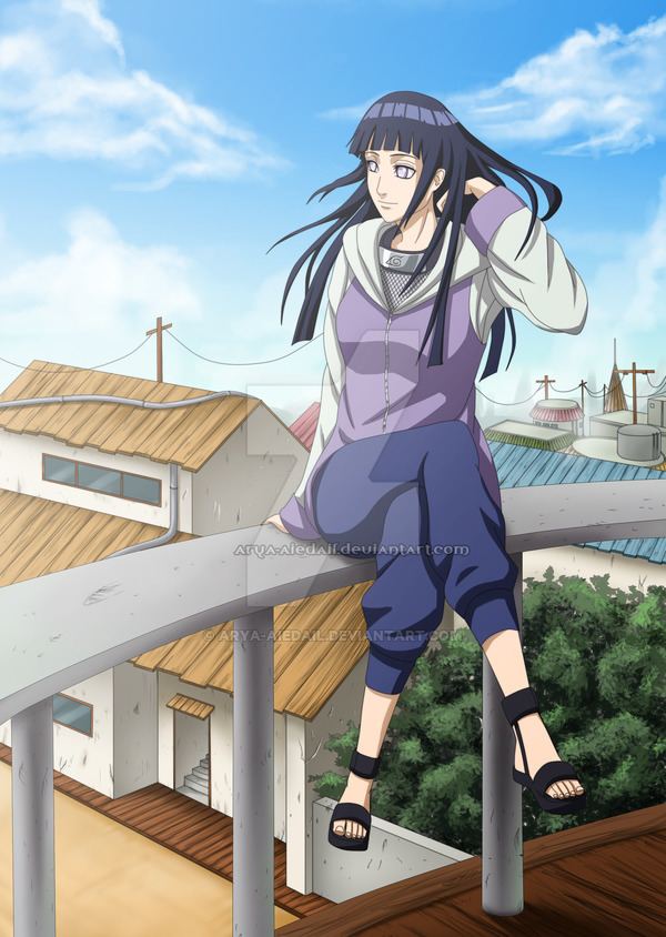 Hinata Hyuga looking afar and sitting on the fence with black straight hair, gray eyes, and houses and tree in the background. Hinata is wearing a necklace, black sandals, a gray and violet jacket, and blue pants