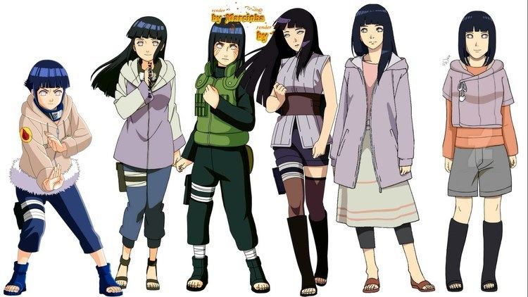 Hinata Hyuga's evolution showing different facial expressions, outfits, and hairstyles