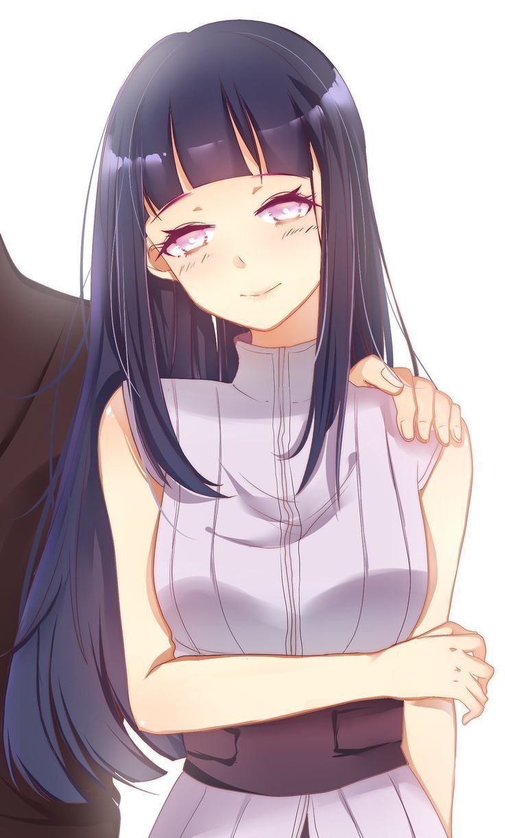 Hinata Hyuga smiling while someone is holding her shoulder. Hinata wearing a violet sleeveless blouse with a dark violet belt