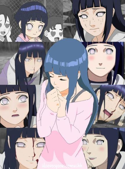 Hinata Hyuga (center) with a sad face and her hands are together while wearing a pink long sleeve blouse. In the background, Hinata's face is sad, with blush, and blood while wearing a gray jacket