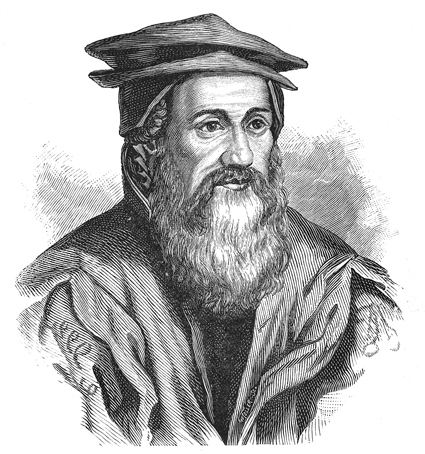 A Pictograph of Conrad Gesner is serious, has long black hair, a long white beard with a mustache, wearing a black scholar clothes and black scholar hat.
