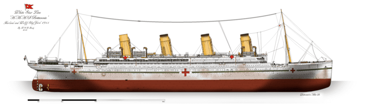 An illustration of the HMHS Britannic served as a hospital ship during World War I.