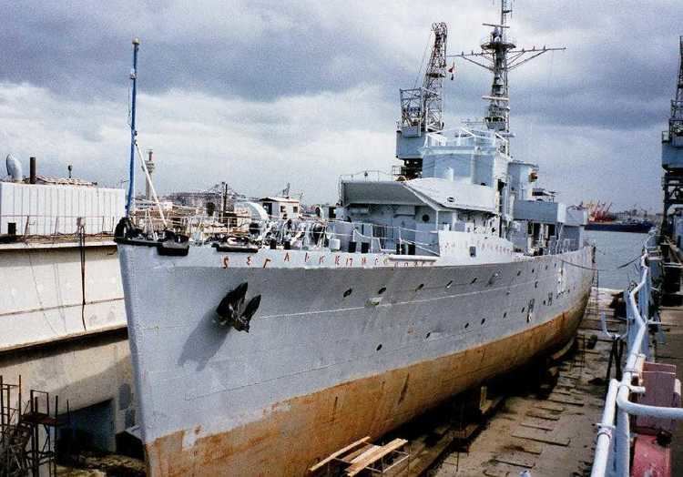 HMS Whimbrel (U29) docked out of the ocean with its brown lower parts visible.
