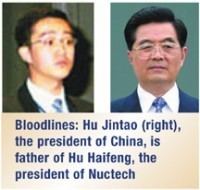On the left, Hu Haifeng is serious, eyebrows up, has black hair wearing eyeglasses, a white polo with blue necktie under a black coat, at the right, Hu Jintao is serious, has black hair, wearing eyeglasses, white polo with blue necktie under a blue coat, at the bottom is a word “Bloodlines: Hu Jintao (right), the president of China, is father of Hu Haifeng, the president of Nuctech.