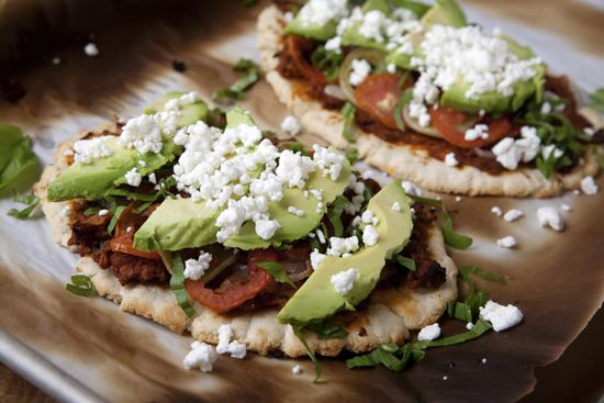 Huarache (food) Huaraches Topped with Chorizo Refried Beans Tomatoes and Avocados