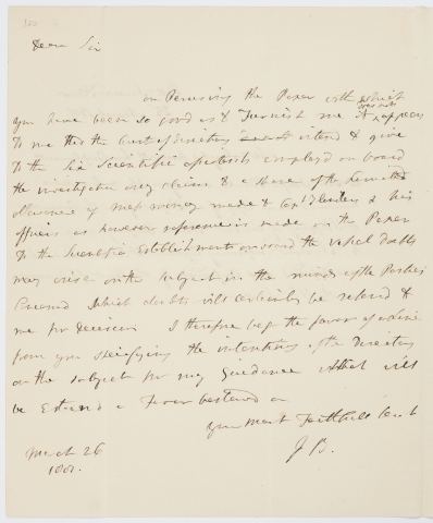Hugh Inglis Letter received by Banks from Sir Hugh Inglis of the Honourable East