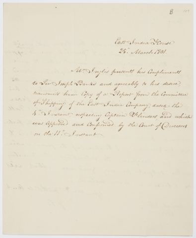 Hugh Inglis Letter received by Banks from Sir Hugh Inglis of the Honourable East