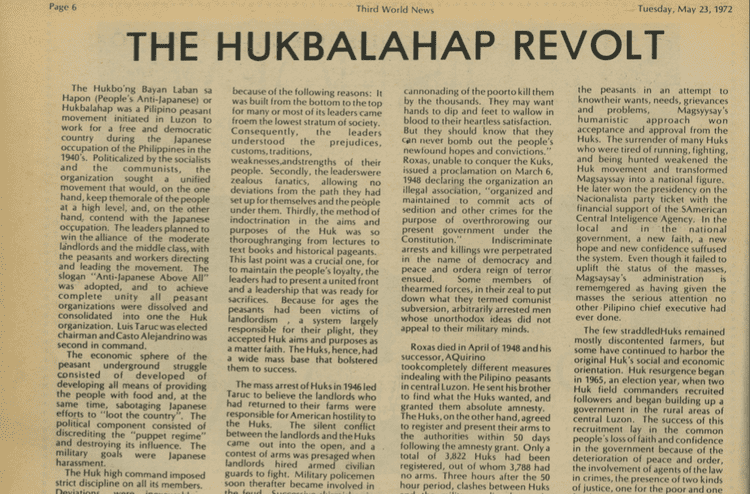 An article about The Hukbalahap Revolt.