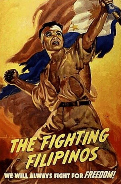 Poster of "The Fighting Filipinos" featuring a Filipino man holding the Philippine flag.