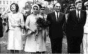 Queen Humaria Begum and King Mohammed Zahir Shah of Afghanistan together with President Kennedy, on the right, hosting the welcoming ceremony