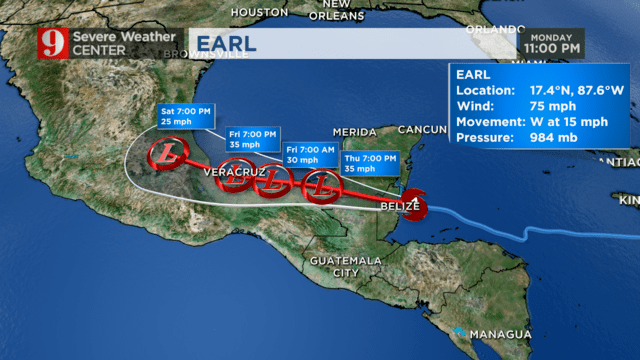 Hurricane Earl (2016) Hurricane Earl about to make landfall in Belize flash floods