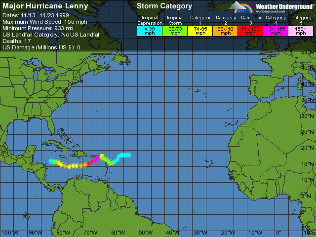 The map showing the path of Hurricane Lenny