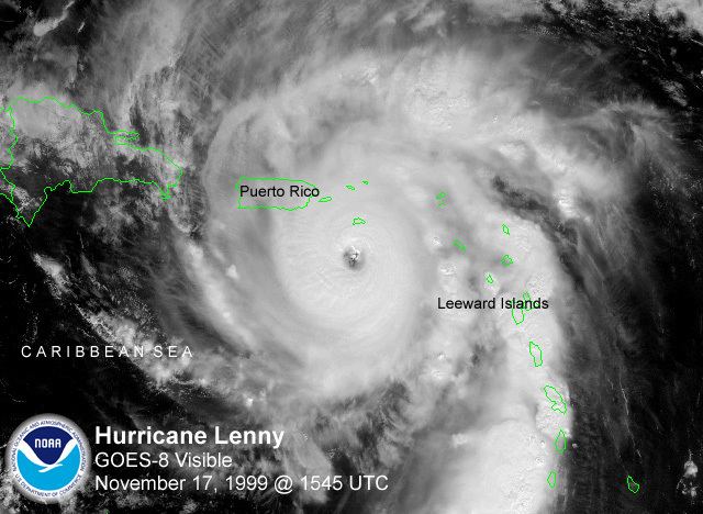 Lenny near peak intensity as a Category 4 hurricane located at the south of Saint Croix