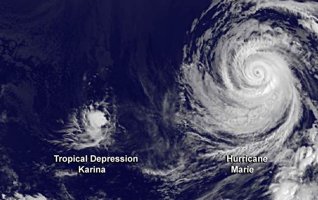 Hurricane Marie (2014) shows Hurricane Marie about to swallow Karina