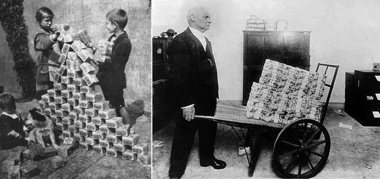 Hyperinflation in the Weimar Republic Children playing with stacks of hyperinflated currency during the