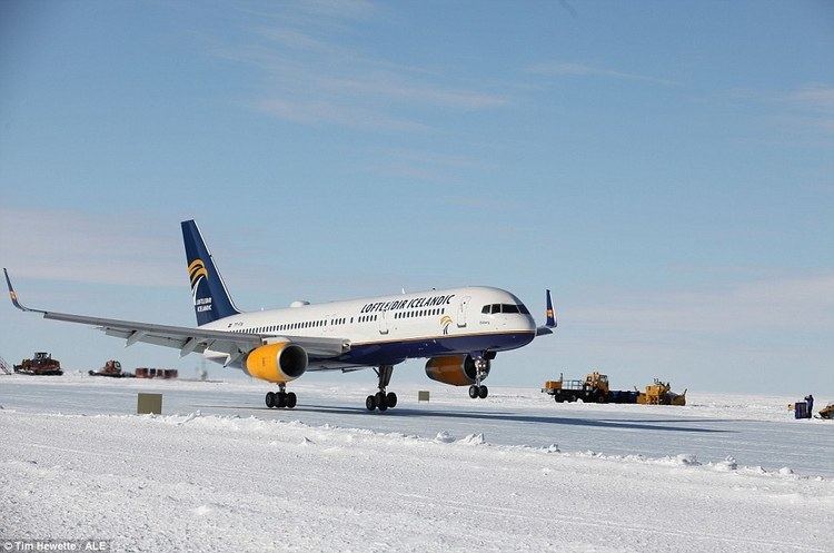 Ice Runway Boeing 757 lands on a blue ice runway in Antarctica for the first