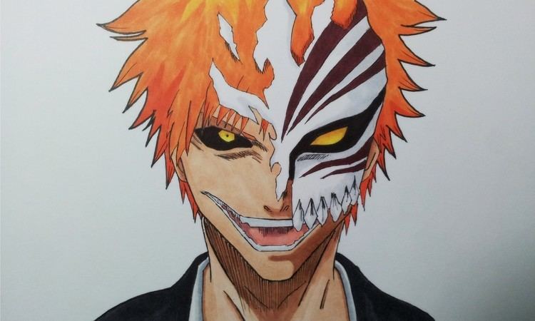Ichigo Kurosaki smiling with golden-yellow eyes and a Hollow mask on the right side of his face