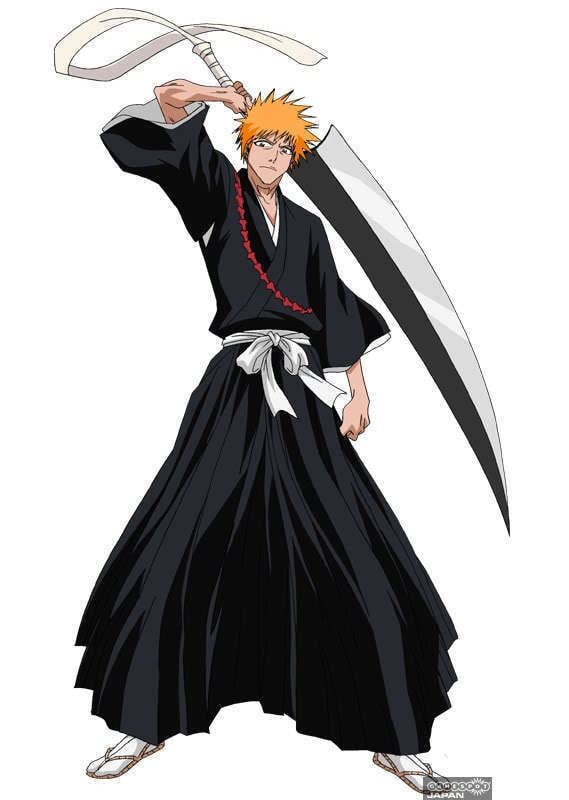 Ichigo Kurosaki holding a sword while wearing the standard Shinigami attire called Shihakushō and a red strap across his chest