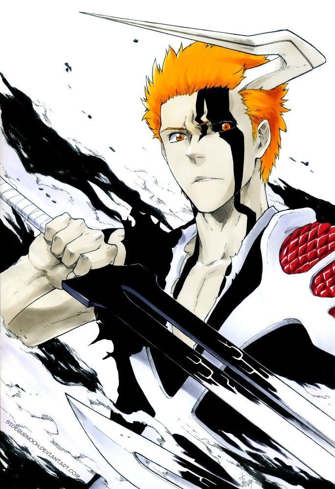 Ichigo Kurosaki with a horn while holding a sword and wearing Shihakushō