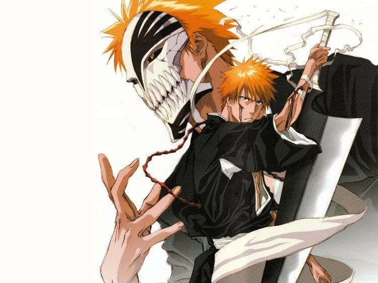 At the front, Ichigo Kurosaki holding a sword and wearing a Shihakushō while, at the back he is wearing the Hollow mask