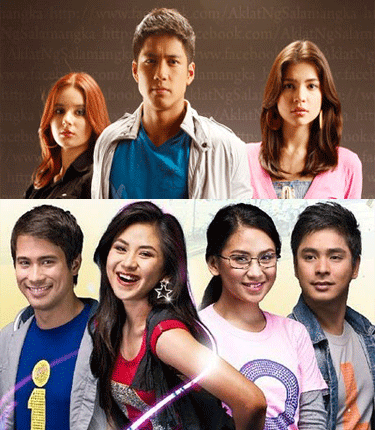 On the top, Rhian Ramos, Aljur Abrenica, and Jackie Rice in the 2010 tv series, Ilumina. On the bottom, the casts of the 2010 drama, 1DOL