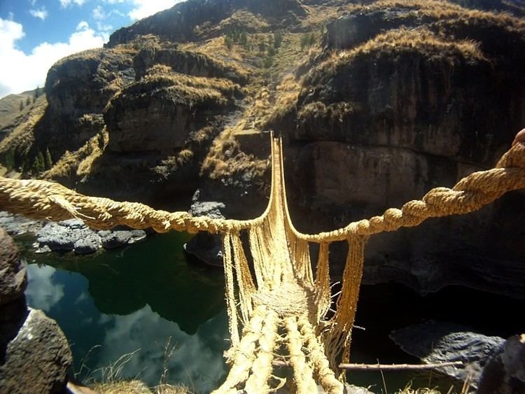 Inca rope bridge The last Incan suspension bridge is made entirely of grass and woven