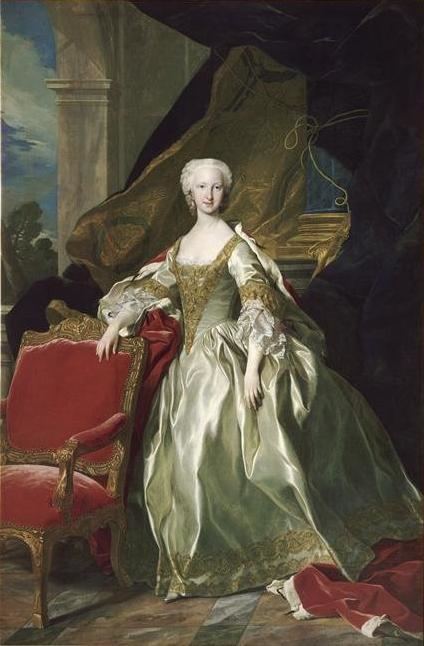 Marie-Thérèse-Antoinette-Raphaëlle d'Espagne, dauphine de France (1726-1746) by Louis-Michel van Loo 1745, she is smiling while leaning her right hand in a red chair, she had a blonde white hair, wearing an 18th-century fashion gold dress
