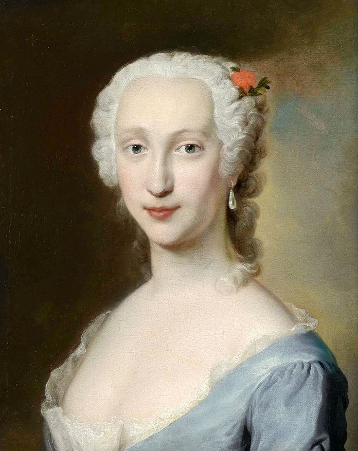 Infanta Maria Teresa Rafaela of Spain is smiling with her blonde white hair with a little orange flower on it, wearing earrings and a visible cleavage blue dress