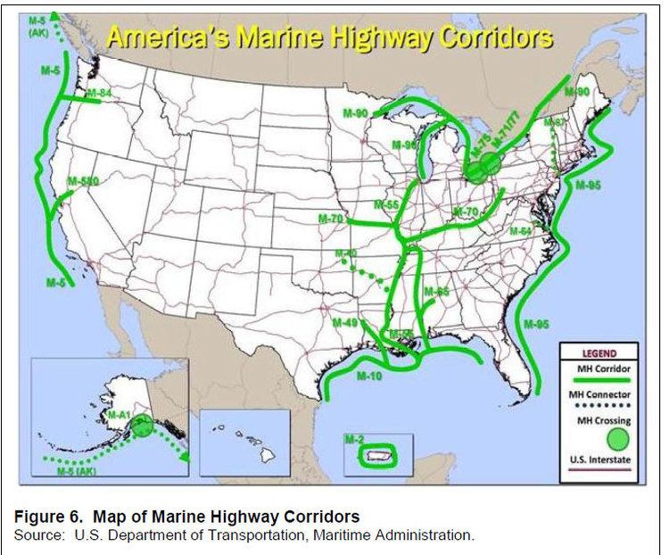 Map of Marine Highway Corridors. The green line is the MH corridor, the dotted green line is the MH connector, and the green circle is the MH crossing