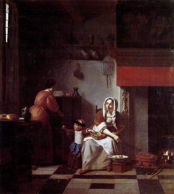 Interior of a Kitchen with a Woman, a Child and a Maid