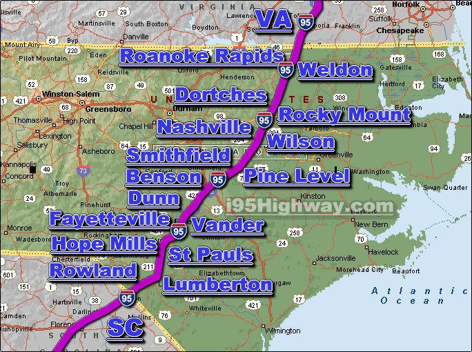 Map of Interstate 95 in North Carolina
