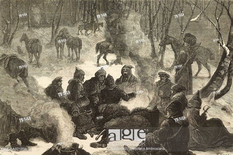 Stock Photo: A bivouac in the snow with general Iosif Gurko, with the Russians in the Balkans, Russo-Turkish War, engraving, illustration from the magazine The Graphic.
