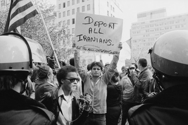 Iran hostage crisis FileMan holding sign during Iranian hostage crisis protest 1979