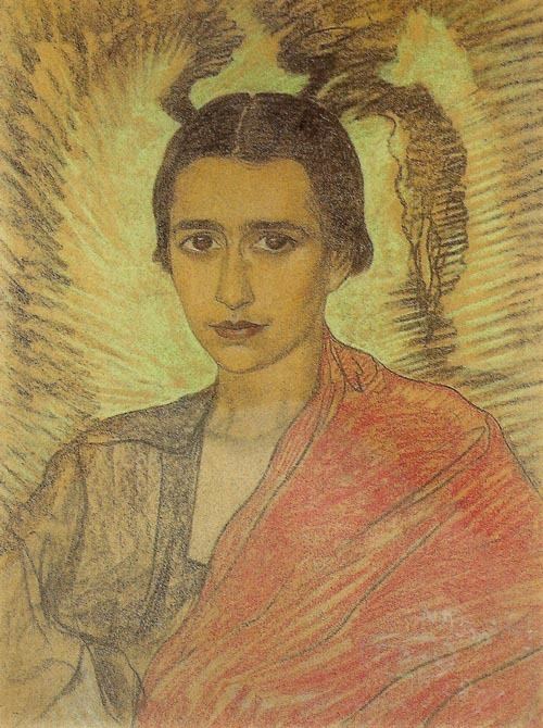 A portrait of Irena Krzywicka in a pastel drawing by Stanisław Ignacy Witkiewicz