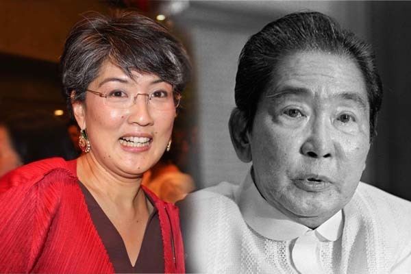 Irene Marcos smiling and wearing eyeglasses, danglings earrings, and a red dress (on the left), while Ferdinand Marcos looking serious and wearing a white embroidered shirt (on the right)