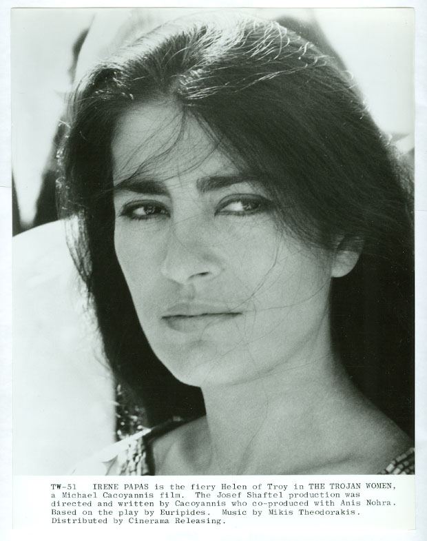 Irene Papas looking serious in her long black hair