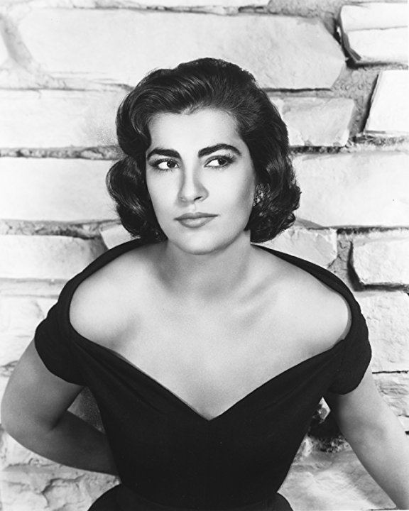 Irene Papas with a tight-lipped smile and curly short hair while wearing a black dress
